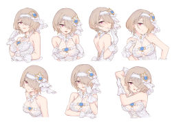 Rule 34 | angry, bare shoulders, blush, breasts, bridal veil, brown hair, character sheet, cleavage, dress, expressions, gloves, hair over one eye, happy, highres, honkai (series), honkai impact 3rd, mole, mole under eye, purple eyes, rita rossweisse, rita rossweisse (artemis), shaded face, short hair, simple background, veil, wedding, wedding dress, white background, white dress, white gloves, yougenko