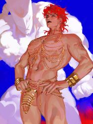 Rule 34 | 1boy, abs, alternate color, alternate hair color, ashva, black lips, bracelet, chastity cage, commentary, dio brando, earrings, eyelashes, hands on own hips, highres, jewelry, jojo no kimyou na bouken, long hair, looking at viewer, makeup, male focus, male pubic hair, muscular, muscular male, navel, necklace, nipple piercing, nipples, nude, parted lips, pectorals, penis, piercing, pubic hair, red eyes, red hair, red nails, scar, scar on neck, stand (jojo), stardust crusaders, testicles, the world, thighs, vampire