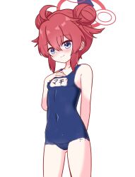 Rule 34 | 1girl, blue archive, blue eyes, blue one-piece swimsuit, bodypaint, breasts, chibikki, double bun, hair bun, halo, highres, maki (blue archive), naked paint, navel, nude, one-piece swimsuit, painted clothes, red hair, school swimsuit, small breasts, solo, swimsuit