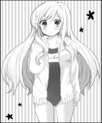 Rule 34 | 1girl, axis powers hetalia, blush, greyscale, hungary (hetalia), long hair, matsusaka gyuu, monochrome, name tag, one-piece swimsuit, school swimsuit, solo, sweater, swimsuit, swimsuit under clothes