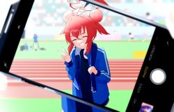 Rule 34 | 1girl, ahoge, blue archive, blue shirt, blue track suit, blurry, closed eyes, cowboy shot, depth of field, double bun, grin, hair bun, halo, highres, holding, holding towel, jacket, maki (blue archive), mimuyochi, red hair, running track, shirt, sidelocks, smile, solo, sweat, teeth, towel, towel around neck, track and field, track jacket, v, viewfinder