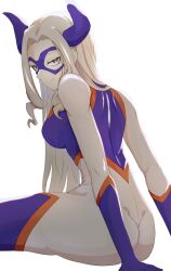 Rule 34 | 1girl, ass, blonde hair, bodysuit, boku no hero academia, breasts, closed mouth, domino mask, eye mask, half-closed eyes, highres, horns, large breasts, limit (lim no sabuaka), long hair, mask, masked, mount lady, multicolored bodysuit, multicolored clothes, parted bangs, purple eyes, purple horns, purple mask, sitting, skin tight, solo, superhero costume, thighhighs, thighs, white background
