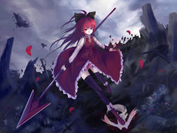 Rule 34 | 10s, 1girl, bow, dzc23, hair bow, highres, kyubey, long hair, magical girl, mahou shoujo madoka magica, mahou shoujo madoka magica (anime), polearm, ponytail, red eyes, red hair, sakura kyoko, solo, spear, stepped on, sword, weapon