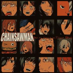 Rule 34 | 6+boys, 6+girls, album cover, album cover redraw, all killer no filler, angel devil (chainsaw man), beam (chainsaw man), black border, black hair, blonde hair, border, burger, chainsaw man, close-up, collared shirt, compilation, cover, cross scar, crying, crying with eyes open, denji (chainsaw man), derivative work, eyepatch, facial scar, family burger (chainsaw man), food, formal, grey hair, hair between eyes, hair ornament, hair over one eye, hairclip, hayakawa aki, higashiyama kobeni, highres, himeno (chainsaw man), katana man (chainsaw man), kishibe (chainsaw man), long hair, looking at viewer, looking to the side, looking up, makima (chainsaw man), medium hair, multiple boys, multiple girls, nayuta (chainsaw man), one eye closed, open mouth, panels, parody, pink hair, pochita (chainsaw man), ponytail, power (chainsaw man), quanxi (chainsaw man), red eyes, reze (chainsaw man), ringed eyes, scar, scar on cheek, scar on face, sharp teeth, shirt, short hair, sideburns, sidelocks, smile, snot, stitched face, stitches, suit, sum 41, surprised, sweat, tears, teeth, tongue, tongue out, topknot, white hair, white shirt, yoru (chainsaw man), yukinoko 0 3