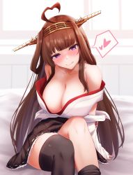 Rule 34 | 1girl, :q, absurdres, ahoge, arugou, black thighhighs, blush, breasts, brown hair, brown skirt, detached sleeves, headgear, heart, highres, japanese clothes, kantai collection, kongou (kancolle), large breasts, long hair, looking at viewer, nontraditional miko, off shoulder, purple eyes, ribbon-trimmed sleeves, ribbon trim, sidelocks, sitting, skirt, smile, solo, spoken heart, sweat, thighhighs, tongue, tongue out, very long hair