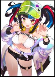 Rule 34 | 1girl, :d, belt, bikini, black hair, black shorts, blue hair, blunt bangs, breasts, bridal garter, caburi, commentary request, fate/grand order, fate (series), headphones, headphones around neck, highres, jacket, long hair, looking at viewer, medium breasts, multicolored hair, open mouth, red hair, sei shounagon (fate), sei shounagon (swimsuit berserker) (fate), short shorts, shorts, simple background, smile, solo, standing, swimsuit, thighs, twintails, visor cap, white background, white belt, white bikini, white jacket, yellow eyes