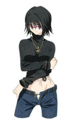 Rule 34 | 16 ban, 1girl, belt, black hair, black sweater, blue eyes, bracelet, breasts, clothes lift, clothes pull, cropped legs, cross, cross necklace, denim, flipped hair, glasses, groin, hand on own arm, hunter x hunter, inverted cross, jeans, jewelry, long sleeves, looking at viewer, midriff, necklace, number tattoo, open belt, open fly, over-rim eyewear, panties, pants, pants pull, red-framed eyewear, ribbon-trimmed panties, ribbon trim, semi-rimless eyewear, shirt lift, shizuku murasaki, short hair, simple background, solo, spider tattoo, stomach tattoo, sweater, tattoo, turtleneck, turtleneck sweater, underwear, white background, white panties