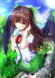 Rule 34 | 1girl, arm up, bird wings, blush, bow, breasts, brown eyes, brown hair, buttons, center frills, collared shirt, commentary request, day, eating, feathered wings, food, food in mouth, frilled shirt, frilled shirt collar, frilled skirt, frills, grass, green bow, green skirt, hair bow, hand in own hair, highres, light rays, long hair, looking at viewer, medium breasts, niko kusa, open mouth, outdoors, path, popsicle, puffy short sleeves, puffy sleeves, reiuji utsuho, road, shirt, short sleeves, sidelocks, skirt, solo, standing, sun, sunbeam, sunlight, third eye, touhou, white shirt, wing collar, wings