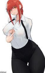 Rule 34 | 1girl, blush, breasts, chainsaw man, cleavage cutout, clothing cutout, large breasts, lips, makima (chainsaw man), necktie, nipples visible through shirt, red hair, smile, stopu, thighs, undone tie, v, white background, yellow eyes