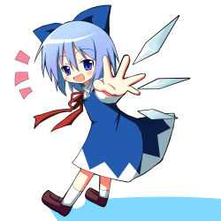 Rule 34 | 1girl, bad id, bad pixiv id, blue eyes, blue hair, cirno, highres, hinata ichi, matching hair/eyes, open hands, outstretched hand, ribbon, short hair, solo, touhou, wings