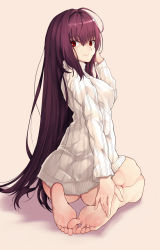 Rule 34 | 1girl, ass, barefoot, batatata77, beige background, bottomless, breasts, fate/grand order, fate (series), feet, from behind, full body, hands on feet, highres, long hair, long sleeves, looking at viewer, looking back, medium breasts, naked sweater, plantar flexion, purple hair, red eyes, ribbed sweater, scathach (fate), simple background, sitting, smile, soles, solo, sweater, toes, very long hair, white sweater
