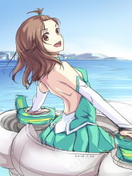 Rule 34 | 10s, 1girl, backless outfit, bare back, blue sky, brown eyes, brown hair, day, kyouno madoka, looking back, ocean, open mouth, rinne no lagrange, short hair, sky, smile, solo, tianna, topknot, uniform, water