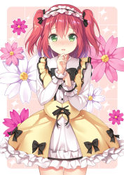 Rule 34 | 1girl, black bow, blush, bow, cowboy shot, dress, floral background, frilled dress, frills, green eyes, hairband, hand on own chin, kawauchi (kaz7ry), kurosawa ruby, lolita fashion, lolita hairband, long sleeves, looking at viewer, love live!, love live! school idol festival, love live! sunshine!!, nose blush, open mouth, red hair, solo, standing, two side up