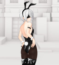 Rule 34 | 1girl, absurdres, adjusting clothes, amrb, animal ears, armband, ass, backless outfit, bodysuit, boots, fake animal ears, fake tail, highleg, highleg leotard, highres, latex, latex bodysuit, latex boots, leotard, nier:automata, nier (series), pantyhose, playboy bunny, rabbit ears, rabbit tail, side-tie leotard, strapless, strapless leotard, tail, thigh boots, thighs, wrist cuffs, 2b (nier:automata)