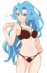 Rule 34 | 1girl, absurdres, armpit crease, bikini, blue hair, breasts, clair (pokemon), commentary request, creatures (company), dot nose, earrings, game freak, gluteal fold, hair between eyes, highres, hoop earrings, jewelry, lingerie, long hair, looking at viewer, medium breasts, navel, nintendo, o-ring, o-ring bikini, osg pk, pokemon, pokemon gsc, ponytail, solo, swimsuit, underwear, very long hair, white background