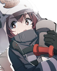 Rule 34 | 1girl, :o, animal ears helmet, arknights, black gloves, black jacket, blush, brown eyes, brown hair, commentary request, fire helmet, firefighter jacket, gloves, hair between eyes, high collar, highres, hose, jacket, looking at viewer, hugging object, open mouth, shaw (arknights), simple background, solo, teeth, tetuw, thick eyebrows, upper body, upper teeth only, visor, white background, white headwear