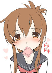 Rule 34 | 10s, 1girl, bad id, bad pixiv id, brown eyes, brown hair, condom, condom in mouth, folded ponytail, hair ornament, heartbeat, inazuma (kancolle), jiji (aardvark), kantai collection, long hair, looking at viewer, mouth hold, personification, school uniform, serafuku, solo, translated, upper body