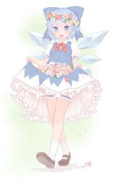 Rule 34 | 1girl, bloomers, blue bow, blue eyes, blue hair, blue skirt, bow, brown footwear, cirno, clothes lift, flower, full body, hair bow, hair flower, hair ornament, head wreath, highres, ice, ice wings, lifted by self, looking at viewer, mary janes, miniskirt, petticoat, puffy short sleeves, puffy sleeves, sakurea, shoes, short hair, short sleeves, skirt, skirt basket, skirt lift, skirt set, smile, socks, solo, touhou, underwear, vest, walking, white socks, wings