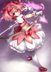 Rule 34 | 10s, 1girl, aldehyde, bad id, bad pixiv id, blurry, blush, bow, bow (weapon), bubble skirt, dress, gloves, hair bow, hair ribbon, holding, kaname madoka, magical girl, mahou shoujo madoka magica, mahou shoujo madoka magica (anime), pink hair, red eyes, ribbon, skirt, solo, standing, thighhighs, twintails, weapon, white thighhighs
