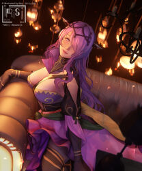 Rule 34 | 1girl, absurdres, artist name, breasts, camilla (alluring darkness) (fire emblem), camilla (fire emblem), cleavage, couch, crown, dress, fake horns, fire emblem, fire emblem fates, fire emblem heroes, frilled dress, frills, gloves, hair over one eye, highres, horned headwear, horns, irisl, large breasts, long hair, looking at viewer, nintendo, official alternate costume, on couch, pantyhose, purple dress, purple eyes, purple hair, smile, solo, tiara, very long hair, wavy hair
