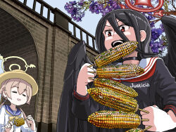 Rule 34 | 2girls, :d, black choker, black hair, black serafuku, black wings, blue archive, brown hair, choker, commentary, corn, dual wielding, eating, english commentary, feathered wings, food, hair between eyes, halo, hasumi (blue archive), hat, hifumi (blue archive), holding, holding food, large wings, long bangs, long hair, long sleeves, looking at another, low twintails, multiple girls, open mouth, photo-referenced, photo background, red eyes, school uniform, serafuku, sidelocks, sixten, smile, sombrero, twintails, wings