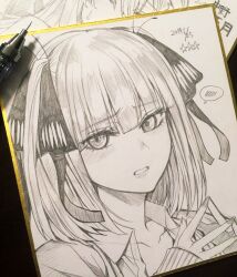 Rule 34 | 1girl, art tools in frame, blush, collarbone, commentary request, dated, go-toubun no hanayome, graphite (medium), hair ribbon, hoshi san 3, long sleeves, looking at viewer, mechanical pencil, monochrome, nakano nino, parted lips, pencil, portrait, ribbon, shikishi, short hair, sleeves past wrists, solo, spoken blush, steepled fingers, traditional media, two side up