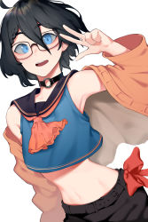 Rule 34 | 1boy, absurdres, ahoge, armpits, bare shoulders, belt, black-framed eyewear, black belt, black choker, black hair, black skirt, blue eyes, blush, bow, braid, braided bangs, cardigan, choker, collarbone, commentary request, crop top, glasses, hair between eyes, highres, indie virtual youtuber, kushizaki (vtuber), long sleeves, looking at viewer, male focus, midriff, mole, mole above eye, navel, neckerchief, o-ring, o-ring choker, off shoulder, open cardigan, open clothes, open mouth, red bow, sailor collar, short hair, short sleeves, simple background, single braid, skirt, sleeveless, smile, solo, st (youx1119), stomach, teeth, trap, upper teeth only, virtual youtuber, w, white background