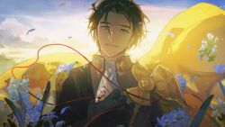 Rule 34 | 1boy, armor, black gloves, blue flower, brown hair, cape, claude von riegan, closed mouth, cloud, earrings, falling petals, fire emblem, fire emblem: three houses, flower, gloves, green eyes, highres, jewelry, kkia, looking at viewer, male focus, nintendo, petals, short hair, sky, smile, solo, string, string of fate, upper body, yellow cape