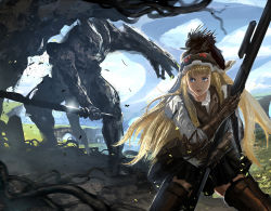Rule 34 | 1girl, bad id, bad pixiv id, blonde hair, blouse, day, female focus, garter straps, holding, holding sword, holding weapon, long hair, mechanical arms, miniskirt, monster, nature, original, outdoors, plant roots, shirt, skirt, sky, solo, sword, vanipo, very long hair, weapon, white shirt