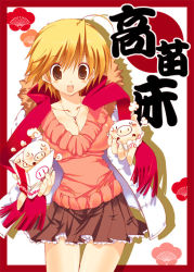 Rule 34 | 1girl, ahoge, blonde hair, breasts, brown eyes, cleavage, fringe trim, jewelry, miniskirt, necklace, original, pig, pleated skirt, red scarf, scarf, skirt, solo, takanae kyourin