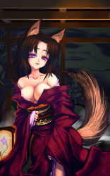 Rule 34 | 1girl, animal ears, bare shoulders, breasts, brown hair, cleavage, coffee cat, highres, japanese clothes, kimono, kitsune, large breasts, long hair, purple eyes, solo, tail