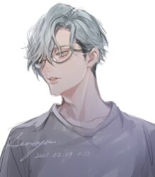 Rule 34 | 1boy, aizome kento, aru iru, b-project, blue eyes, blue hair, dated, facing away, glasses, grey shirt, highres, light blue hair, looking down, male focus, parted lips, shirt, short hair, signature, solo, teeth, white background