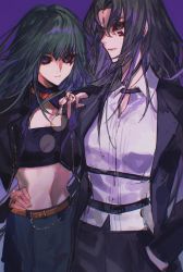Rule 34 | 2girls, absurdres, alternate costume, belt, black hair, black jacket, black sclera, carly nagisa, colored sclera, commentary, cropped jacket, unworn eyewear, facial mark, glasses, green hair, hand in pocket, hand on another&#039;s shoulder, highres, holding, holding removed eyewear, jacket, long hair, looking at viewer, midriff, misty lola, multiple girls, naoki (2rzmcaizerails6), navel, purple background, round eyewear, shirt, simple background, suit jacket, upper body, white shirt, yu-gi-oh!, yu-gi-oh! 5d&#039;s