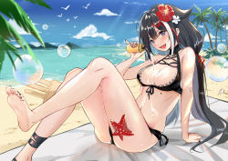 Rule 34 | 1girl, ankle strap, arm support, azur lane, barefoot, beach, bikini, black bikini, black hair, black nails, blue eyes, blue sky, blush, bottle, breasts, bubble, cleavage, cloud, day, deutschland (azur lane), deutschland (service time?!) (azur lane), fang, flower, hair flower, hair ornament, holding, holding bottle, long hair, looking at viewer, lotion, medium breasts, multicolored hair, nail polish, navel, open mouth, outdoors, pouring, pouring onto self, reclining, red hair, rero (bigdoorbig2), sitting, sky, smile, solo, streaked hair, swimsuit, very long hair, white hair