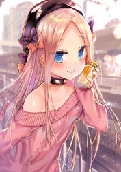 Rule 34 | 1girl, abigail williams (fate), aran sweater, beret, black bow, black collar, black hat, blonde hair, blue eyes, blurry, blurry background, blush, bottle, bow, cable knit, closed mouth, collar, collarbone, commentary request, day, depth of field, fate/grand order, fate (series), forehead, hair bow, hand up, hat, holding, holding bottle, jin young-in, long hair, long sleeves, multiple hair bows, off-shoulder sweater, off shoulder, orange bow, outdoors, parted bangs, pink sweater, polka dot, polka dot bow, railroad tracks, sleeves past wrists, smile, solo, sweater, train station, train station platform, very long hair