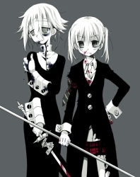 Rule 34 | 00s, 1girl, androgynous, blood, blood on clothes, bruise, bruised eye, crona (soul eater), dress, gloves, grey background, greyscale, greyscale with colored background, injury, looking at viewer, maka albarn, monochrome, necktie, ragnarok (demon sword), sakurazawa izumi, school uniform, short hair, skirt, soul eater, soul evans, sword, twintails, weapon