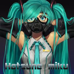 Rule 34 | 1girl, aqua eyes, aqua hair, armpits, arms up, bad id, bad pixiv id, character name, detached sleeves, gas mask, gradient background, hatsune miku, inja, long hair, looking at viewer, mask, necktie, solo, twintails, upper body, very long hair, vocaloid