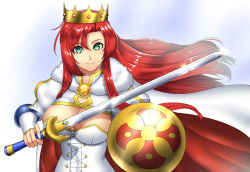 Rule 34 | 1girl, boudica (fate), crown, fate/grand order, fate (series), green eyes, long hair, red hair, shield, smile, solo, sword, weapon