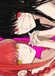 2girls aegyo_sal bare_shoulders black_hair braid braided_ponytail chainsaw_man facial_scar highres holding_hands long_hair looking_at_viewer makima_(chainsaw_man) medium_hair messy_hair multiple_girls nude orange_eyes pink_background red_eyes red_hair ringed_eyes sailen0 scar scar_on_cheek scar_on_face sidelocks sideways simple_background teeth yoru_(chainsaw_man)