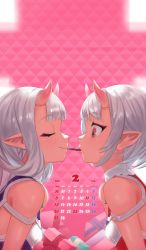 Rule 34 | 2022, 2girls, absurdres, artist request, bare shoulders, blush, breasts, brown eyes, calendar, chocolate, closed eyes, dark-skinned female, dark skin, demon girl, dress, female focus, highres, horns, lilith-soft, long hair, looking at another, multiple girls, official art, oni horns, pointy ears, ribbon, shiny skin, short hair, siblings, simple background, sisters, small breasts, smile, sophie (taimanin asagi), sweat, taimanin (series), taimanin asagi, twins, upper body, valentine, very long hair, walking, white background, white hair, yuphie (taimanin asagi)