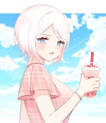 Rule 34 | 1girl, blue eyes, blue sky, blush, bracelet, breasts, cup, disposable cup, faust (project moon), holding, holding cup, jewelry, large breasts, limbus company, love mintchoco, medium hair, open mouth, pink nails, pink shirt, plaid, plaid shirt, project moon, shirt, short sleeves, sky, solo, upper body, white hair