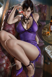Rule 34 | 2020, banned artist, bare arms, bare legs, black hair, breasts, brown eyes, cleavage, closed mouth, couch, cup, dress, final fantasy, final fantasy vii, final fantasy vii remake, from above, hair between eyes, high heels, holding, holding cup, large breasts, long hair, looking at viewer, lying, on back, pumps, purple dress, purple footwear, red lips, short dress, sideboob, signature, sleeveless, sleeveless dress, square enix, straight hair, tifa lockhart, wall market, wooden floor, zumi (zumidraws)