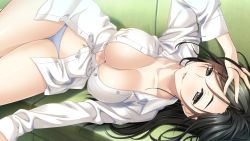 Rule 34 | 1girl, asama kyouko, black eyes, black hair, blue panties, breasts, cleavage, collarbone, couch, dress shirt, earrings, game cg, hand in own hair, hand on own head, jewelry, kiss ato, large breasts, legs, long hair, looking at viewer, lying, marui (koedame), navel, no bra, no pants, on side, open clothes, open shirt, panties, shirt, smile, solo, thighs, unbuttoned, underwear