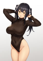 Rule 34 | 1girl, :o, arms up, bare hips, black hair, breasts, brown leotard, cameltoe, covered navel, cowboy shot, elf, elf (houtengeki), grey background, groin, hair ribbon, heattech leotard, highleg, highleg leotard, highres, houtengeki, large breasts, leotard, long sleeves, looking at viewer, meme, open mouth, original, pointy ears, ribbed leotard, ribbon, sidelocks, simple background, solo, thighs, turtleneck, twintails, white ribbon, yellow eyes