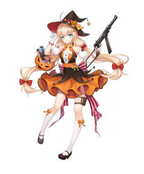 Rule 34 | 1girl, ahoge, bare shoulders, black footwear, blonde hair, blue eyes, bow, bowtie, breasts, carl gustaf m/45, cleavage, closed mouth, detached sleeves, dress, full body, girls&#039; frontline, gloves, gun, hair bow, halloween, hat, highres, holding, holding gun, holding weapon, jack-o&#039;-lantern, leg belt, long hair, looking at viewer, m45 (candy express) (girls&#039; frontline), m45 (girls&#039; frontline), medium breasts, official alternate costume, official art, orange bow, orange bowtie, orange skirt, puffy short sleeves, puffy sleeves, red bow, shoes, short sleeves, simple background, skirt, smile, socks, solo, standing, standing on one leg, submachine gun, tamaxi, weapon, white background, white gloves, white socks, witch hat