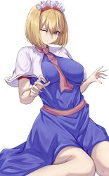 Rule 34 | 1girl, alice margatroid, blonde hair, blue dress, breasts, capelet, dress, frilled hairband, frills, hair between eyes, hairband, highres, large breasts, looking at viewer, mirufui, one eye closed, red hairband, short hair, solo, touhou, white capelet
