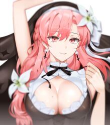 Rule 34 | 1girl, black ribbon, blurry, blurry background, breasts, cleavage, earrings, flower, habit, hair flower, hair ornament, inverted cross earrings, jewelry, large breasts, long hair, looking at viewer, lying, mole, mole on breast, neck ribbon, nini yuuna, nun, on back, parted lips, red eyes, red hair, ribbon, smile, solo, tsunderia, upper body, virtual youtuber, white flower, yoru (yowuyoru)