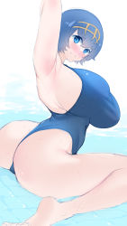 Rule 34 | 1girl, absurdres, alternate breast size, armpits, arms up, ass, blue eyes, blue hair, blush, breasts, cleft of venus, creatures (company), curvy, game freak, highres, huge ass, huge breasts, lana (pokemon), looking at viewer, looking back, matching hair/eyes, nintendo, pokemon, pokemon sm, school swimsuit, short hair, sideboob, sitting, solo, sumisumii, swimsuit, trial captain, wariza, wet