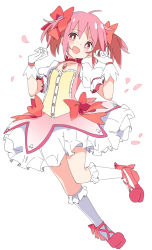 Rule 34 | 1girl, :d, bow, full body, gloves, hair bow, ixy, kaname madoka, looking at viewer, magical girl, mahou shoujo madoka magica, mahou shoujo madoka magica (anime), open mouth, pink eyes, pink hair, red bow, short hair, smile, solo, twintails, white gloves