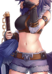 Rule 34 | 1girl, armband, belt, breasts, commentary, crop top, english commentary, groin, head out of frame, highres, jacy, large breasts, makoto (princess connect!), midriff, navel, princess connect!, purple hair, purple shorts, short shorts, shorts, solo, sweatdrop, tail, upper body, wolf girl, wolf tail